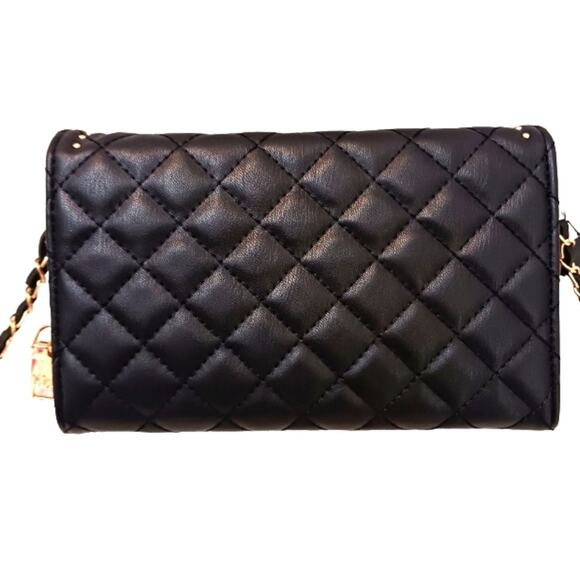 Badgley Mischka Quilted Wallet on a Chain Purse Black Crossbody Gold Studs Glam - Picture 7 of 16